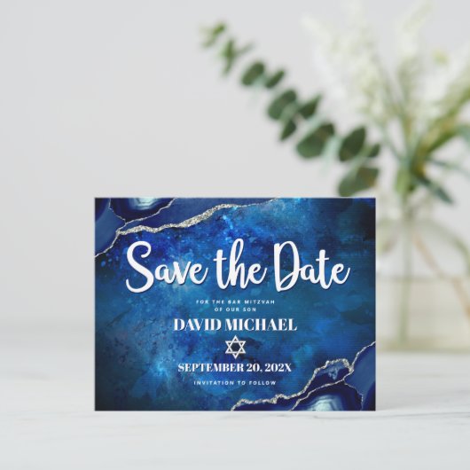 Bar Mitzvah Save the Date Navy Waterverf Agate Uitnodiging Briefkaart (Staand voorkant)