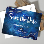 Bar Mitzvah Save the Date Navy Waterverf Agate Uitnodiging Briefkaart<br><div class="desc">Zorg ervoor al uw vrienden en familieleden de mijlpaal van uw zoon Bar Mitzvah zullen kunnen vieren! Verzend dit koele, unieke, moderne, gepersonaliseerde "sparen de Datum"briefkaart van de aankondiging. Witte scripttypografie en ster van David bedekken een diepe blauwe achtergrond van de waterverf van het sterrenstelsel met een blauw blauw blauw...</div>