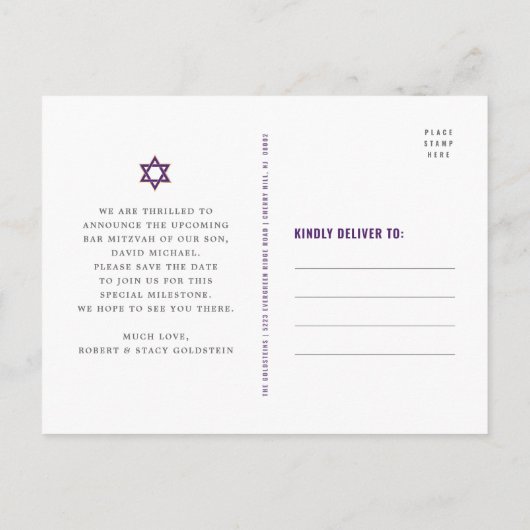 Bar Mitzvah Save the Date Paarse Ombre Gold Foil Uitnodiging Briefkaart (Achterkant)