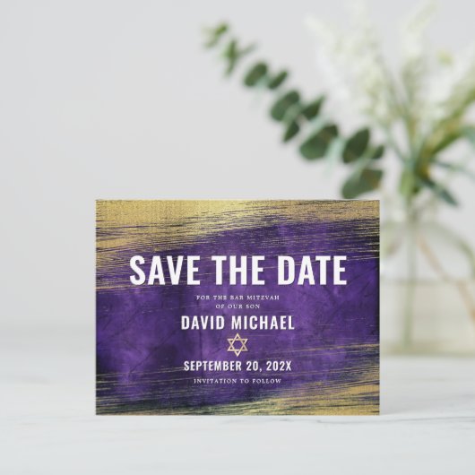 Bar Mitzvah Save the Date Paarse Ombre Gold Foil Uitnodiging Briefkaart (Staand voorkant)