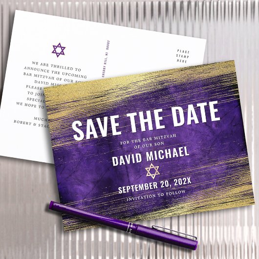 Bar Mitzvah Save the Date Paarse Ombre Gold Foil Uitnodiging Briefkaart
