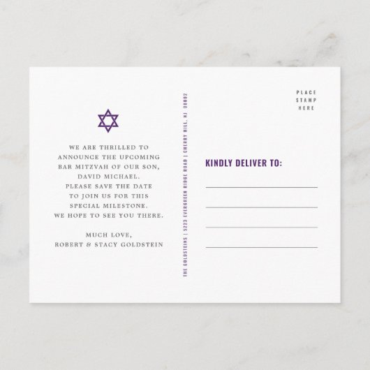 Bar Mitzvah Save the Date Paarse Ombre Silver Foil Uitnodiging Briefkaart (Achterkant)