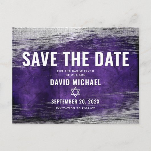 Bar Mitzvah Save the Date Paarse Ombre Silver Foil Uitnodiging Briefkaart (Voorkant)