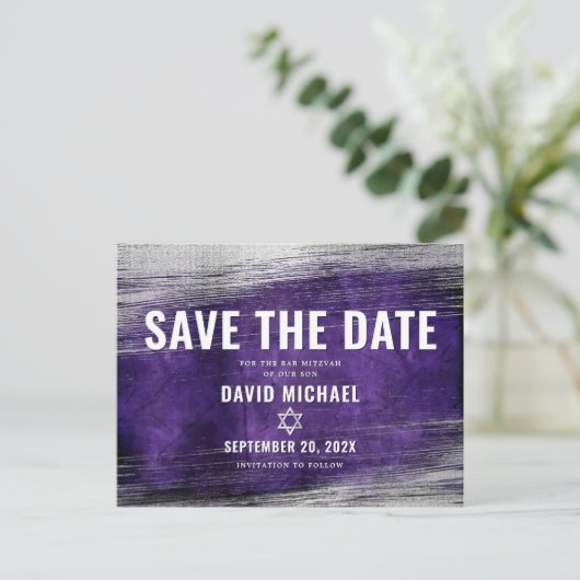 Bar Mitzvah Save the Date Paarse Ombre Silver Foil Uitnodiging Briefkaart (Staand voorkant)