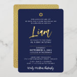 BAR MITZVAH script belettering goud marine blauw Folie Uitnodiging<br><div class="desc">door kat massard >>> WWW.SIMPLYSWEETPAPERIE.COM <<< Een elegant, eenvoudig ontwerp voor de knuppel van uw kind of BAR MITZVAH Hou van het ontwerp, maar wil graag enkele wijzigingen zien - een ander kleurenschema, product, voeg een foto toe of aangepast voor een andere gelegenheid - geen zorgen neem gewoon contact met...</div>