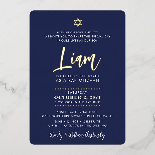 BAR MITZVAH script belettering goud marine blauw Folie Uitnodiging (Voorkant)
