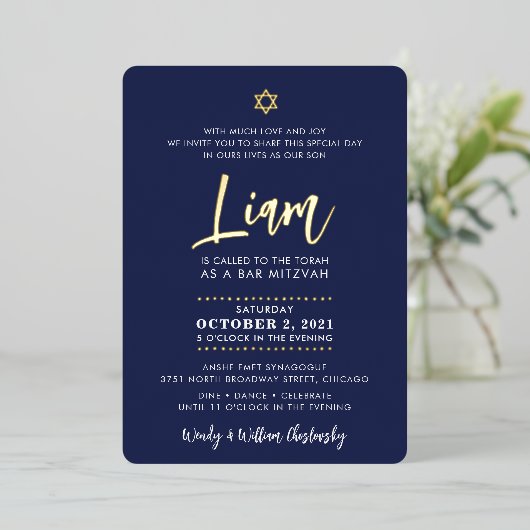 BAR MITZVAH script belettering goud marine blauw Folie Uitnodiging (Staand Voorkant)