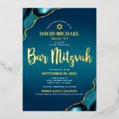 Bar Mitzvah Script Turquoise Ombre Agate Real Gold Folie Uitnodiging (Voorkant)
