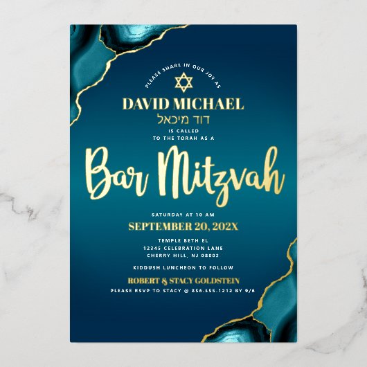 Bar Mitzvah Script Turquoise Ombre Agate Real Gold Folie Uitnodiging (Voorkant)