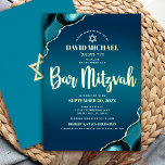 Bar Mitzvah Script Turquoise Ombre Agate Real Gold Folie Uitnodiging<br><div class="desc">Wees trots, blij en toon deze mijlpaal van je favoriete Bar Mitzvah! Verzend uit deze koele, unieke, moderne, gepersonaliseerde, Hebreeuwse naamuitnodiging voor een gebeurtenis om te herinneren. Echte gouden folie scripttypografie, white sans serif typografie, en een echte gouden folie Star van David bedekken een diepe turquoise blauwgroen blauwe ombre achtergrond...</div>