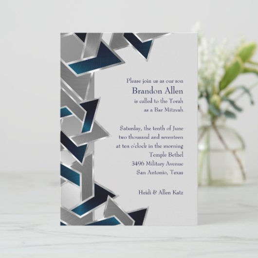 Bar Mitzvah Silver Blauwgroen Blue Grey Star van D Kaart (Staand voorkant)