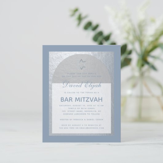 Bar Mitzvah Silver Dusty Blue Budget Invitation (Staand voorkant)