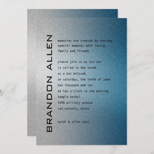 Bar Mitzvah Silver en Blue Invitation Kaart (Voorkant / Achterkant)