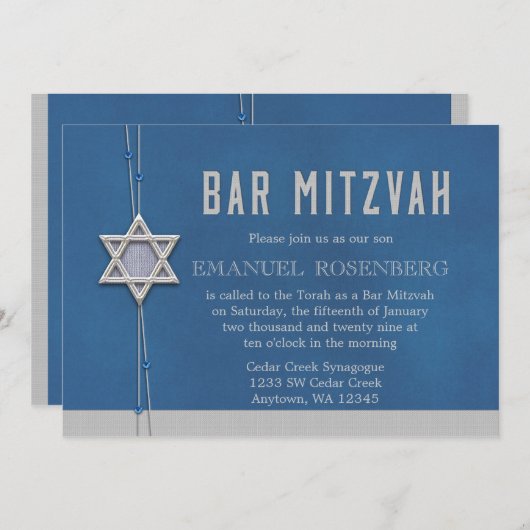 Bar Mitzvah Silver Star Blue krads Kaart (Voorkant / Achterkant)