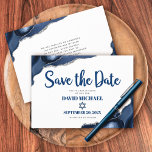 Bar Mitzvah Simple Modern Navy Blue Agate Script Save The Date<br><div class="desc">Zorg ervoor al uw vrienden en familieleden de mijlpaal van uw zoon Bar Mitzvah zullen kunnen vieren! Verzend deze koele, unieke, moderne, gepersonaliseerde "sparen de Datum"aankondigingskaart. Navy blue script typografie en Star van David bedekken een eenvoudige, witte achtergrond met stalen blauw gesteente met faux zilveren aderen. Uw douanebericht en extra...</div>