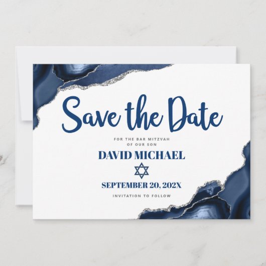 Bar Mitzvah Simple Modern Navy Blue Agate Script Save The Date (Voorkant)