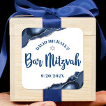 Bar Mitzvah Simple Modern Navy Blue Agate Script Vierkante Sticker<br><div class="desc">Wees trots, blij en toon deze mijlpaal van je favoriete Bar Mitzvah! Gebruik deze coole, unieke, moderne, gepersonaliseerde sticker om zijn speciale dag aan te vullen. Navy blue script typografie en een zilveren ster van David bedekken een eenvoudige, witte achtergrond met stalen blauw geaarde stenen die voorzien zijn van faux...</div>