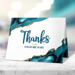 Bar Mitzvah Simple Modern Turquoise Agate Script Bedankkaart<br><div class="desc">Zorg ervoor dat je favoriete Bar Mitzvah zijn waardering show aan iedereen die zijn mijlpaal steunde! Verstuur deze coole, unieke, moderne, gepersonaliseerde bedankt kaart. Turquoise blauw handgeschreven script en bold, sans serif typografie bedekt een eenvoudige, schone witte achtergrond met turquoise blauw grijze rotsen voorzien van faux gouden aderen. Extra turquoise...</div>