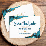 Bar Mitzvah Simple Modern Turquoise Agate Script Save The Date<br><div class="desc">Zorg ervoor al uw vrienden en familieleden de mijlpaal van uw zoon Bar Mitzvah zullen kunnen vieren! Verzend deze koele, unieke, moderne, gepersonaliseerde "sparen de Datum"aankondigingskaart. Donkere blauwgroen scripttypografie en een faux gouden ster van David bedekken een eenvoudige, schone witte achtergrond met turquoise blauwe gekleurde rotsen geaccentueerd met faux goudazen....</div>