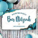 Bar Mitzvah Simple Modern Turquoise Agate Script Spandoek<br><div class="desc">Wees trots, blij en toon deze mijlpaal van je favoriete Bar Mitzvah! Hang deze coole, unieke, moderne, gepersonaliseerde banner op om zijn speciale dag aan te vullen. Donkere blauwgroen blauwe scripttypografie en een faux gouden ster van David bedekken een eenvoudige, schone witte achtergrond met turquoise blue agate rotsen die voorzien...</div>