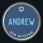 BAR MITZVAH slim vet type goud denim blauw Ronde Sticker<br><div class="desc">door kat massard >> WWW.SIMPLYSWEETPAPERIE.COM <<<<</div>