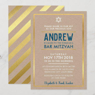 BAR MITZVAH slim vet type goud kraft blauw Kaart
