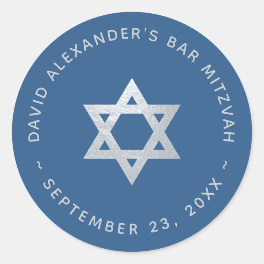 Bar Mitzvah Star of David Classic Blue Faux Silver Ronde Sticker (Voorkant)