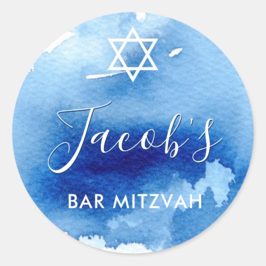 BAR MITZVAH star smart blue waterverf uitnodigen Ronde Sticker (Voorkant)