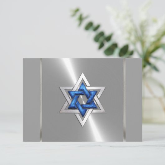 Bar Mitzvah Star van David Blue en Silver RSVP (Staand voorkant)