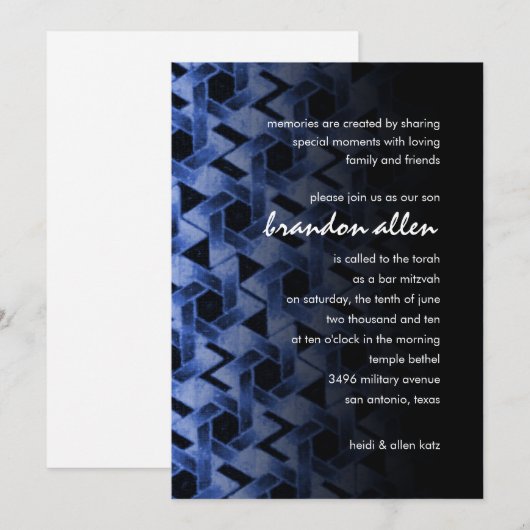 Bar Mitzvah Star van David Damask Kaart (Voorkant / Achterkant)