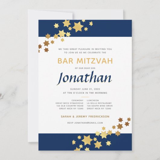 Bar Mitzvah Star van David Elegant Gold & Navy Inv Kaart (Achterkant)