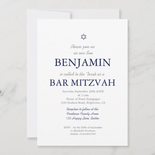 Bar Mitzvah Ster van David Joods Blauw Streep Invi Kaart (Voorkant)