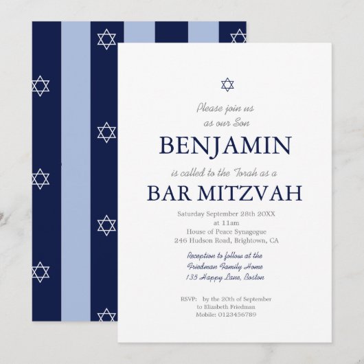 Bar Mitzvah Ster van David Joods Blauw Streep Invi Kaart (Voorkant / Achterkant)