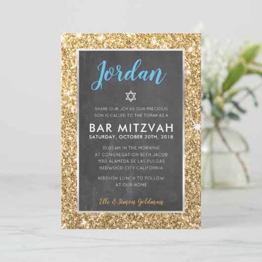 BAR MITZVAH stoere krijtbord gouden glitter uitnod Kaart (Staand voorkant)