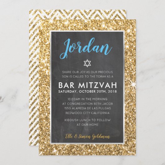 BAR MITZVAH stoere krijtbord gouden glitter uitnod Kaart (Voorkant / Achterkant)