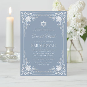 Bar Mitzvah Stof Blauw Nep Zilver Elegant Vintage Kaart
