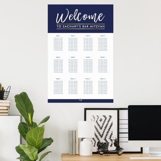 BAR MITZVAH TABEL PLAN 12 tabellen moderne marine Poster (Thuiskantoor)