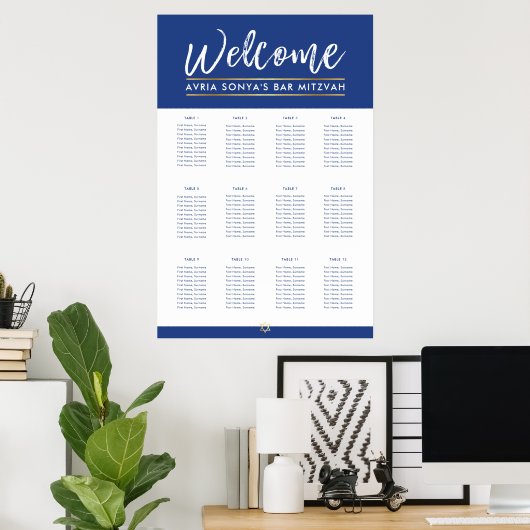 BAR MITZVAH TABEL PLAN 12 tafels koninklijk blauw Poster (Thuiskantoor)