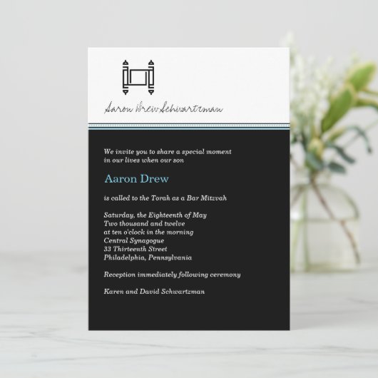 Bar Mitzvah Torah Midnight Black Uitnodiging (Staand voorkant)