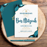 Bar Mitzvah Turquoise Agaat Script Hebreeuws Naam Kaart<br><div class="desc">Wees trots, blij en toon deze mijlpaal van je favoriete Bar Mitzvah! Verzend uit deze koele, unieke, moderne, gepersonaliseerde, Hebreeuwse naamuitnodiging voor een gebeurtenis om te herinneren. Donkere blauwgroen blauwe scripttypografie en faux gold Star van David bedekking simpele, schone witte achtergrond met turquoise blue agate voorzien van faux gouden aderen....</div>