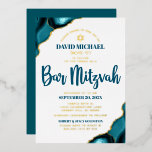 Bar Mitzvah Turquoise Agate Bold Script Real Gold Folie Uitnodiging<br><div class="desc">Wees trots, blij en toon deze mijlpaal van je favoriete Bar Mitzvah! Verstuur deze coole, unieke, moderne, gepersonaliseerde Hebreeuwse naam echte gouden folie uitnodiging voor een evenement om het te herinneren. Donkere blauwgroen blauwe scripttypografie, echte gouden folie maakt serif typografie, en een echte folie gouden ster van David bedekt een...</div>