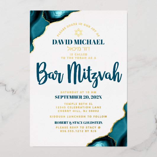 Bar Mitzvah Turquoise Agate Bold Script Real Gold Folie Uitnodiging (Voorkant)