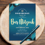 Bar Mitzvah Turquoise Ombre Agate Gold Script vet Kaart<br><div class="desc">Wees trots, verheug je en laat deze mijlpaal van je favoriete Bar Mitswa zien! Stuur deze coole, unieke, moderne, gepersonaliseerde, Hebreeuwse naam uitnodiging voor een evenement om te onthouden. Faux gouden folie script typografie, wit zonder serif typografie, en een faux gouden Star of David bedekken een diep turquoise blauwgroen blauw...</div>