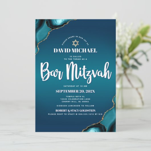 Bar Mitzvah Turquoise Ombre Agate Modern Script Kaart (Staand voorkant)