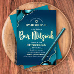 Bar Mitzvah Turquoise Ombre Agate Script Real Gold Folie Uitnodiging<br><div class="desc">Wees trots, blij en toon deze mijlpaal van je favoriete Bar Mitzvah! Verstuur deze coole, unieke, moderne, gepersonaliseerde uitnodiging voor een evenement om het te herinneren. Echte gouden folie scripttypografie, white sans serif typografie, en een echte gouden folie Star van David bedekken een diepe turquoise blauwgroen blauwe ombre achtergrond met...</div>