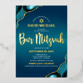 Bar Mitzvah Turquoise Ombre Agate Script Real Gold Folie Uitnodiging (Voorkant)