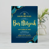 Bar Mitzvah Turquoise Ombre Agate Script Real Gold Folie Uitnodiging (Staand Voorkant)
