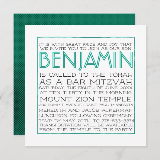 Bar Mitzvah Uitnodiging - 2018 Pantone Arcadia (Voorkant / Achterkant)