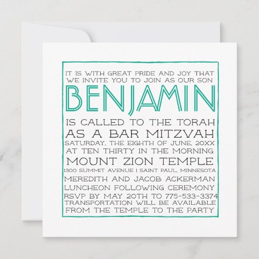 Bar Mitzvah Uitnodiging - 2018 Pantone Arcadia (Voorkant)