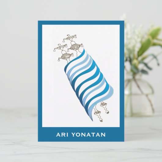 Bar Mitzvah Uitnodiging Ari Yonatan Torah Blue (Staand voorkant)